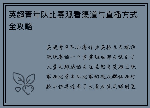 英超青年队比赛观看渠道与直播方式全攻略